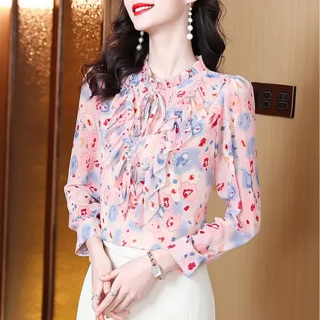 碎花时尚雪纺衬衫女秋季2023新款高档荷叶边漂亮上衣别致气质小衫商品大图