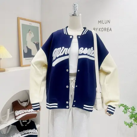 秋季新款外套上衣原宿风帅气复古美式字母棒球服开衫运动休闲大码图片