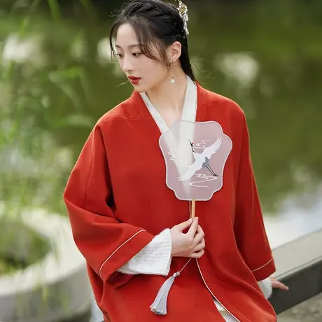 素飞汉服改良毛呢外套中式复古红色唐装上衣民国风女装禅茶服春季图片