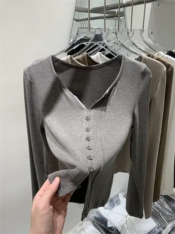 羊绒开叉修身显廋T恤女早秋2023年新款内搭设计感小V领打底衫长袖商品大图