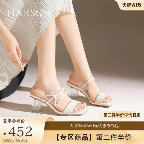 哈森一字带透明拖鞋2025夏新款粗高跟百搭方头气质女鞋HWM250129图片