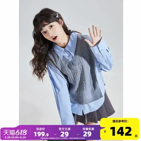 唐狮2025春秋季新款拼接长袖衬衫女假两件毛衣马甲学院风叠穿衬衣商品大图
