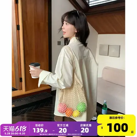 yoe奶黄色长袖衬衫女上衣春季新款上衣纯色休闲宽松纯棉衬衣女装图片