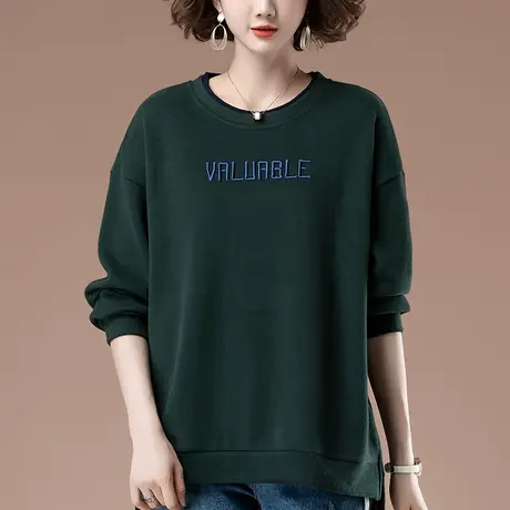 卫衣女春秋新款加肥加大码女装宽松中年妈妈休闲圆领套头显瘦上衣商品大图