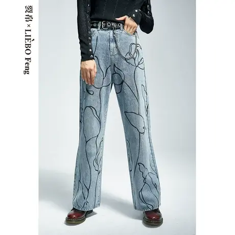 裂帛LIEBOFeng商场同款2023年设计师手绘印花宽松直筒牛仔长裤女商品大图