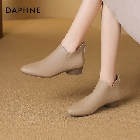 达芙妮尖头短靴女靴子2025秋冬新款复古加绒舒适小皮鞋粗跟踝靴子商品大图