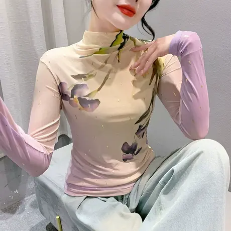 秋季款性感半高领T恤女长袖个性扎染印花上衣洋气修身内搭打底衫商品大图