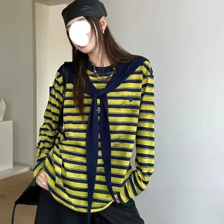 2025秋季新款超火的撞色条纹长袖T恤女打底衫百搭洋气上衣配披肩商品大图