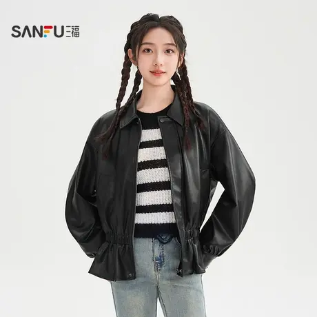 三福单外套2025秋季松紧收腰翻领宽松PU皮衣夹克女装508955图片