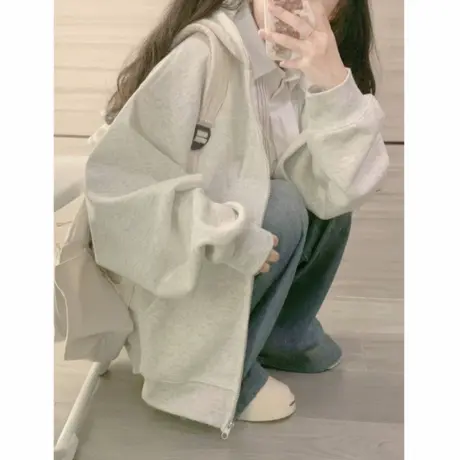 卫衣外套女白灰色2025新款连帽宽松开衫早秋拉链巨好看设计感上衣商品大图