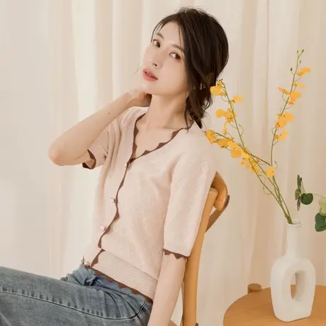 桔熊夏季通勤温柔格纹针织衫花边短袖珍珠扣上衣女装大码FA2714图片