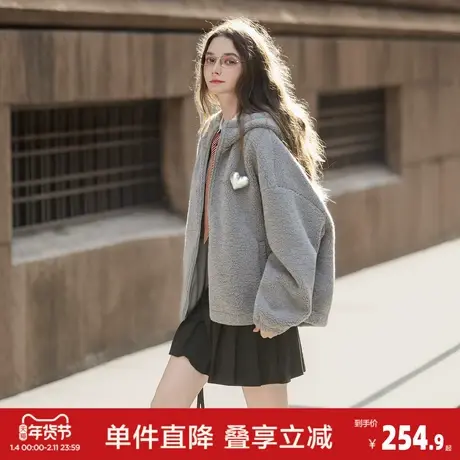 唐狮2026秋冬季连帽加厚外套女短款仿羔毛外套棕色拼接格纹超好看图片