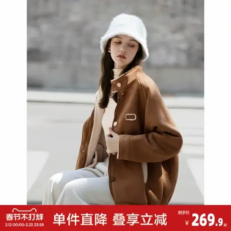 唐狮2026秋冬外套氛围感气质高级女立领左胸细节仿麂皮复合外套图片
