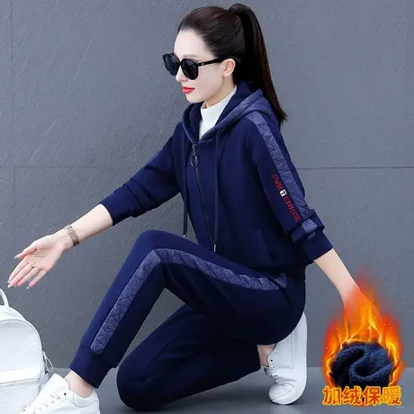 加绒休闲运动套装女秋冬2023年新款时尚加厚连帽卫衣裤子两件套潮商品大图
