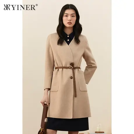 YINER音儿女装冬季新款羊毛蚕丝混纺V领呢大衣商品大图