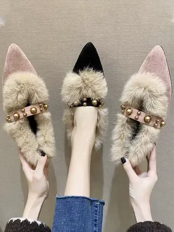 尖头粗跟毛毛鞋女2023秋季新款韩版百搭加绒外穿豆豆鞋网红单鞋潮商品大图