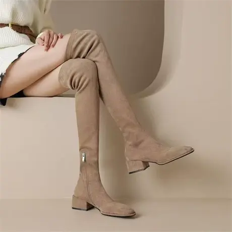 过膝靴女2023春秋季新款英伦风显瘦弹力瘦瘦靴粗跟高跟方头长筒靴商品大图