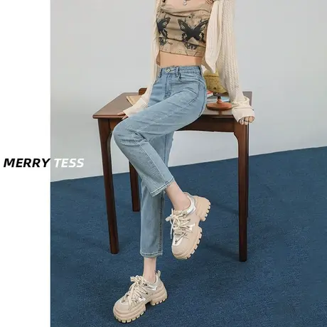 浅蓝色烟管牛仔裤女2023年秋季新款高腰显瘦设计感八分九分法棍裤商品大图
