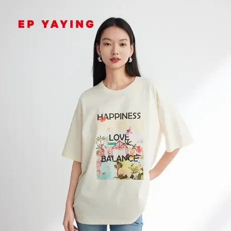 EP雅莹女装 美式复古凉感棉质宽松印花短袖T恤 2023夏装新款5343A图片