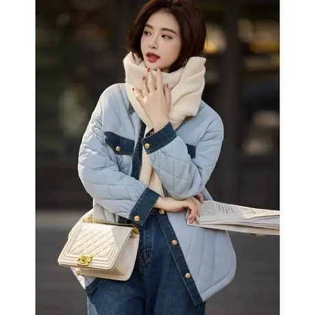 时尚气质温柔双拼色棉服女士2023年冬季新款百搭显瘦翻领加厚外套商品大图
