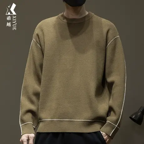 希越棕色拼接针织毛衣男士宽松大码元宝针套头圆领内搭打底衫秋冬商品大图