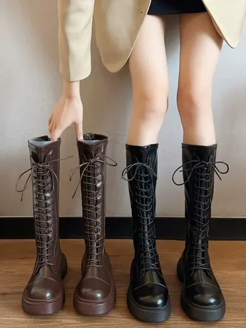 长筒靴女2023年秋冬新款厚底系带时尚长靴显瘦英伦风骑士女靴子商品大图