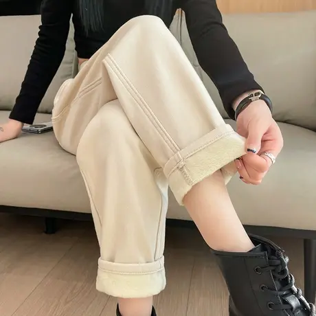 杏色加绒牛仔裤女秋冬新款高腰小个子加厚宽松直筒九分哈伦老爹裤商品大图