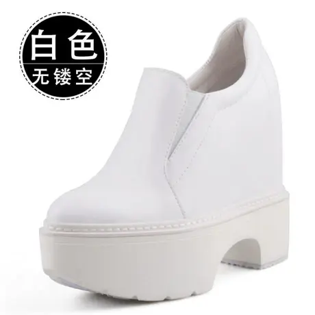 坚城内增高小白鞋女13CM厚底浅口洞洞镂空坡跟单鞋真皮尖头一脚套商品大图