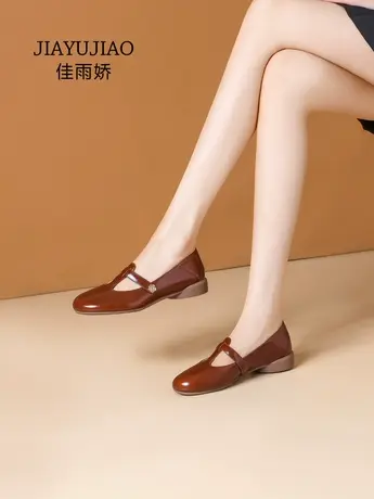 真皮单鞋2023年春季新款小皮鞋浅口低跟女鞋软底圆头玛丽珍平底鞋商品大图