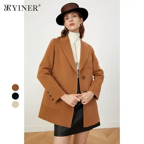 *YINER音儿奥莱女装冬季西装领纯羊毛双面呢大衣商品大图