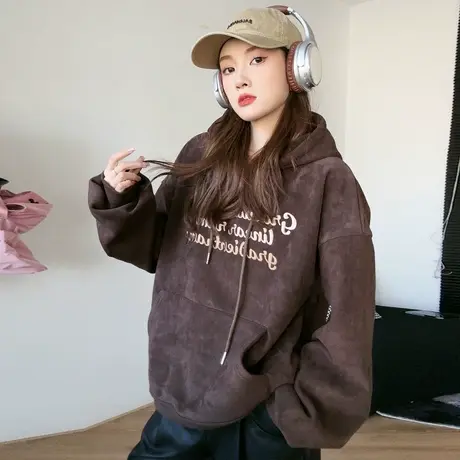 尔给连帽加绒加厚正肩卫衣女秋冬款2023新款小个子宽松套头上衣图片