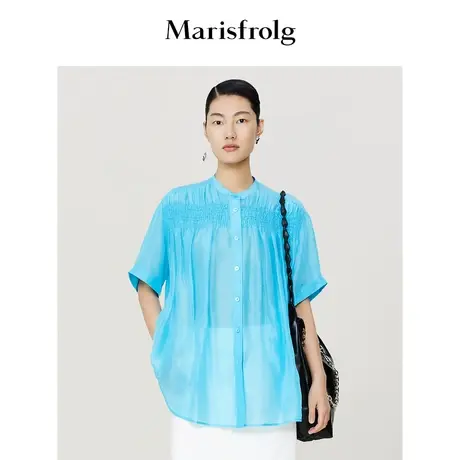 【商场同款】玛丝菲尔2023年夏季新款湖蓝色时尚立领短袖衬衫女图片