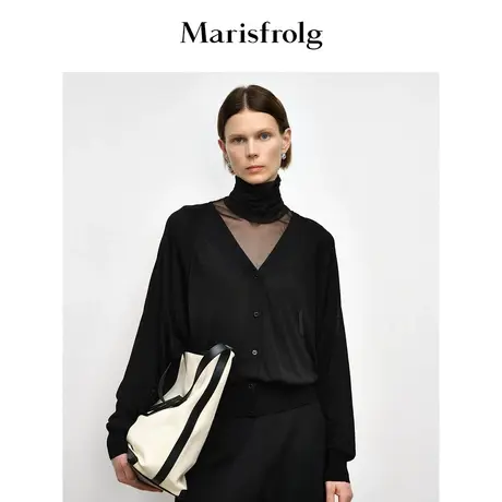 【意大利进口面料】玛丝菲尔2023年秋季新款黑色V领廓形针织开衫商品大图