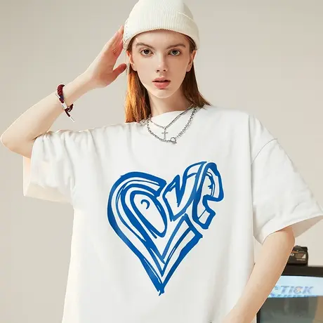 日系原宿风chic爱心短袖T恤男潮中性风潮牌宽松oversize情侣半袖商品大图