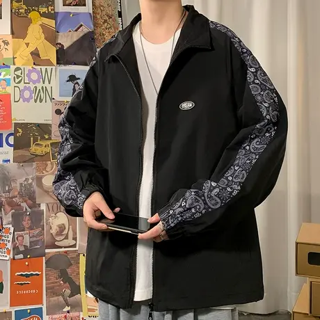 港风夹克男春秋季外套工装腰果花韩版ins潮牌翻领棒球服潮流开衫商品大图