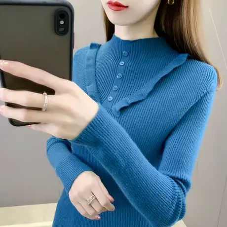 木耳边修身弹力打底衫女毛衣2024年春新款韩系短款显瘦针织衫上衣商品大图