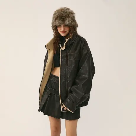 美式复古PU皮棉服女冬季加厚羊羔毛外套2023新款潮牌宽松保暖棉衣商品大图
