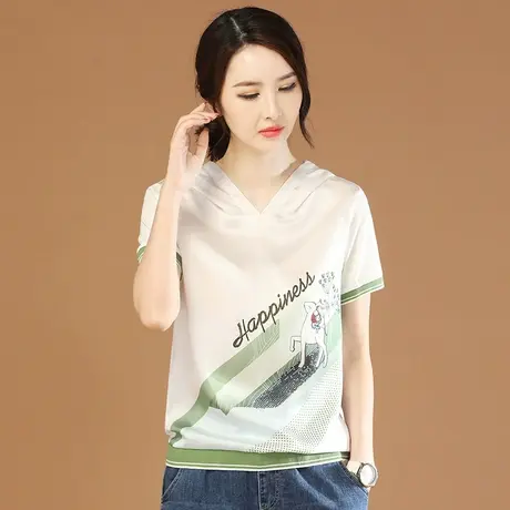 韩潮袭人连帽文艺印花短袖雪纺衫T恤2024夏新款遮肚子休闲上衣薄图片