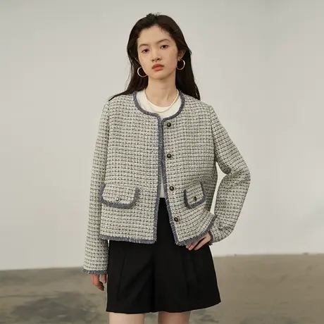 omont蛋挞家 复古小香风外套女秋季新款圆领宽松撞色短款上衣商品大图