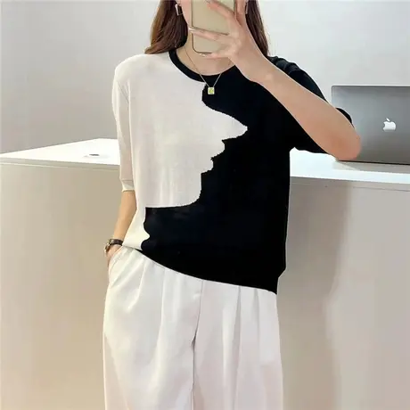 拼色调早秋季薄款针织衫女2023年新款内搭短袖洋气圆领打底衫上衣商品大图