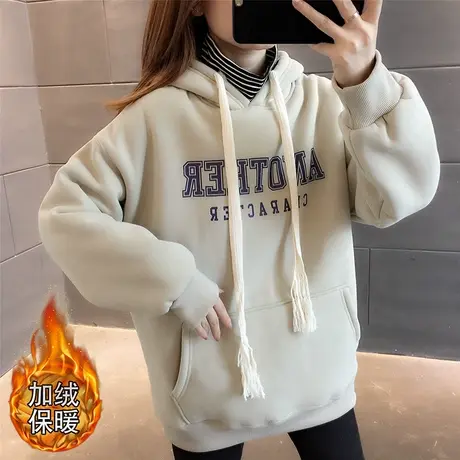 连帽加绒加厚假两件卫衣女2024秋冬慵懒风欧货韩版宽松上衣外套女商品大图