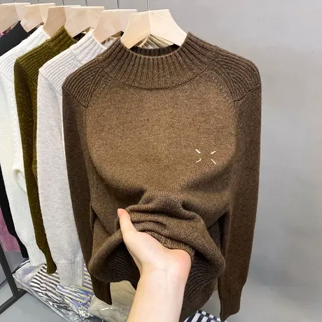 半高领毛衣女加厚打底衫2023秋冬新款宽松套头外穿针织衫内搭上衣商品大图