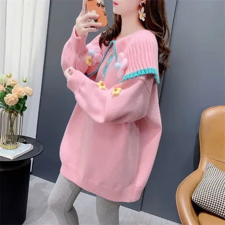 立体花朵海军领套头毛衣女秋冬新款软糯甜美宽松超好看减龄针织衫图片