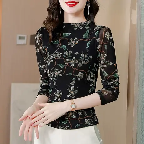 加绒加厚打底衫女秋冬复古印花网纱T恤长袖洋气百搭半高领上衣图片