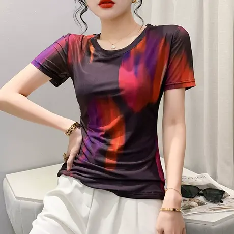 网纱小衫女2024夏天新款气质减龄漂亮T恤短袖性感修身显瘦上衣ins商品大图