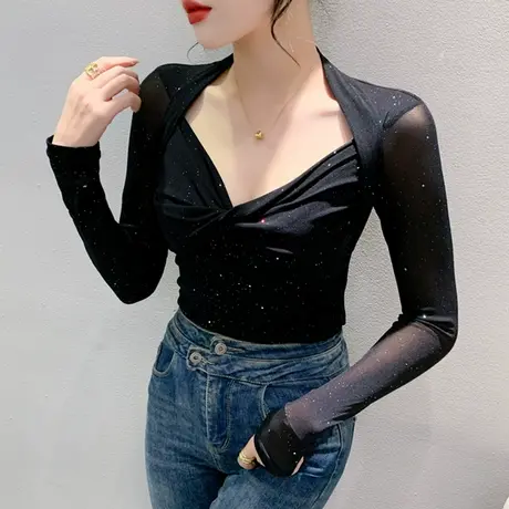 性感网纱打底衫女长袖2024秋季新款欧货V领交叉上衣纯色百搭T恤潮商品大图