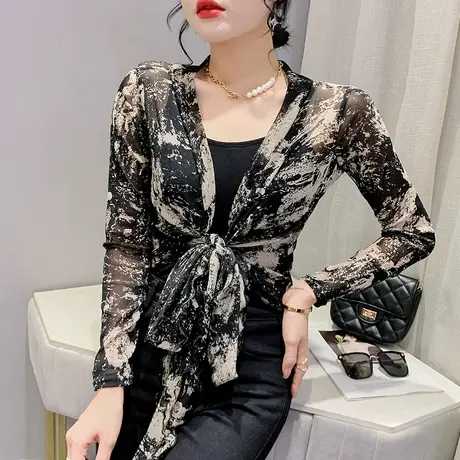 欧货网纱防晒开衫女收腰绑带披肩外搭罩衫薄性感冰丝长袖上衣外套图片