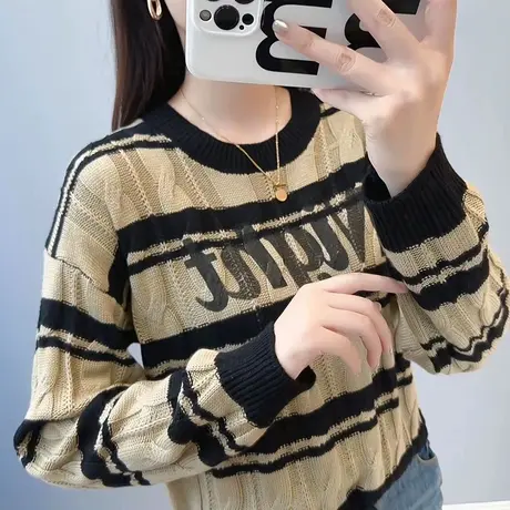 春季新款条纹宽松短款薄款毛衣女2024年新款爆款春秋镂空打底衫女图片