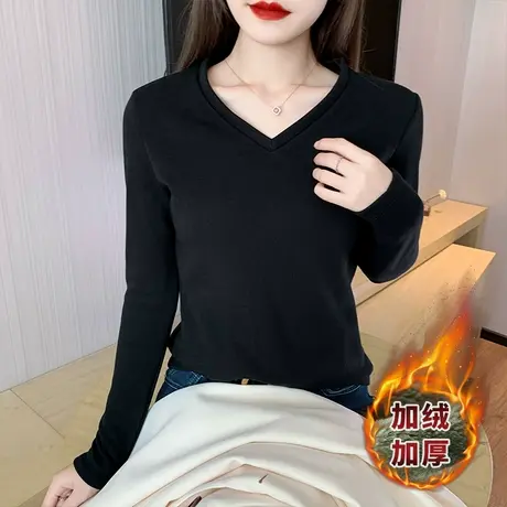 v领加绒长袖t恤女气质保暖秋冬季新款百搭加厚棉上衣内搭体恤打底商品大图