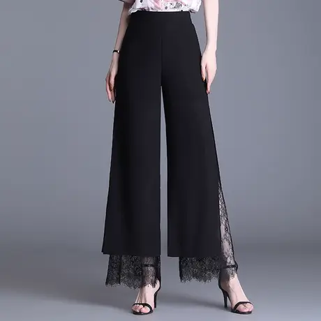 黑色雪纺裤女休闲裤2023夏季新款高腰宽松开叉蕾丝拼接阔腿裤长裤商品大图